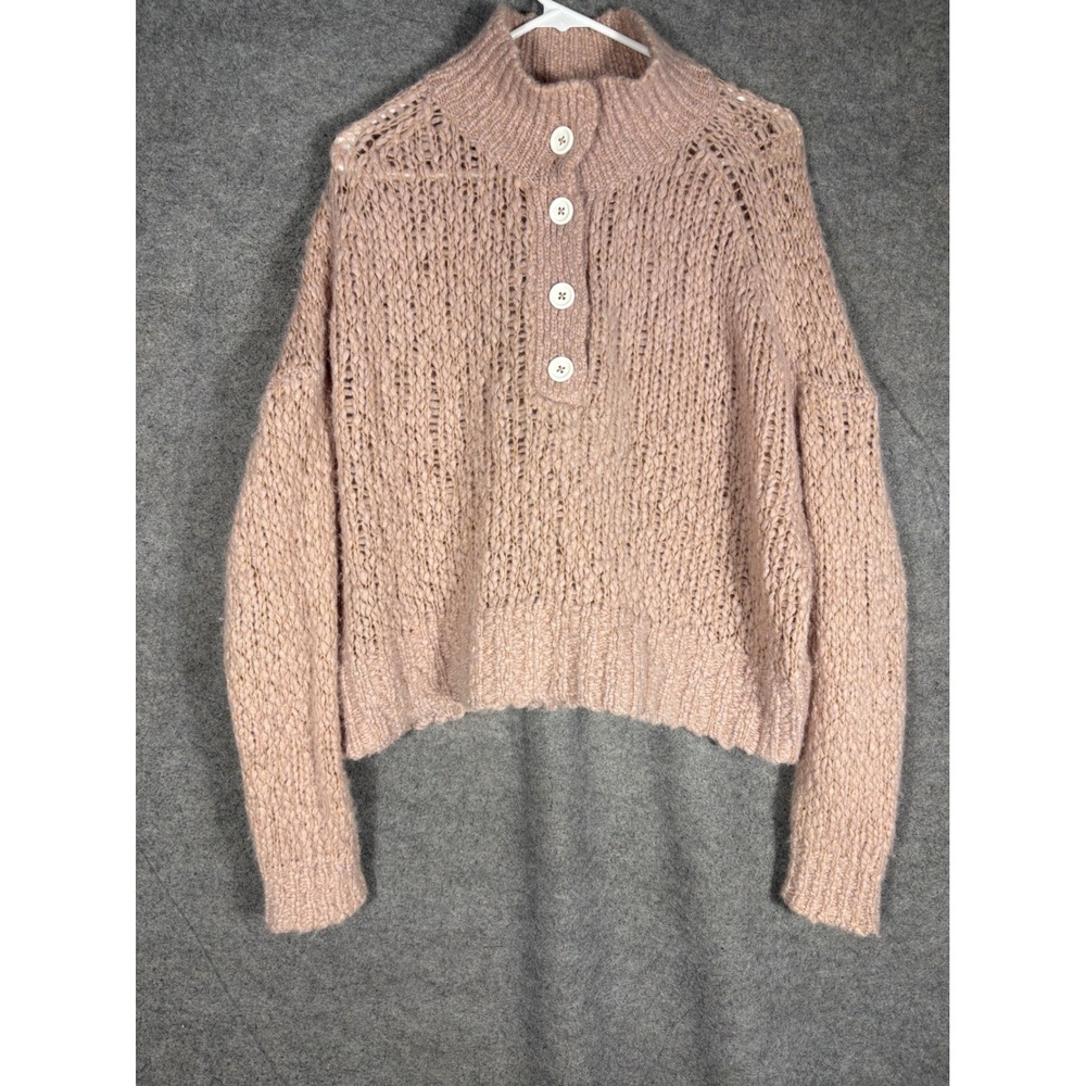Everlane Alpaca Merino Wool Henley Sweater Pink‎ Chunky Knit Mock Neck Womens L